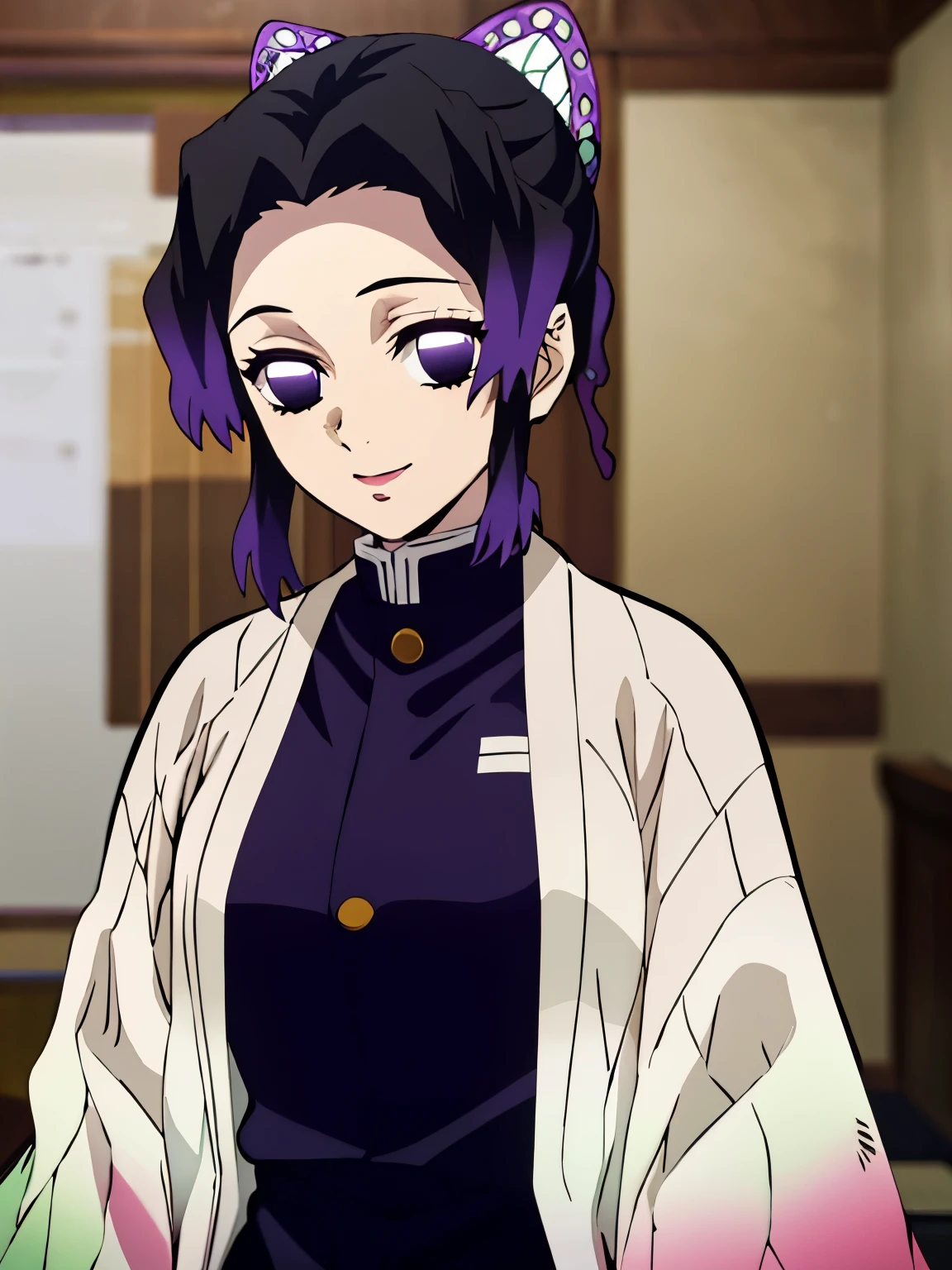 EFT_Shinobu, 1girl, kochou shinobu, butterfly hair ornament, solo, hair ornament, purple hair, multicolored hair, purple eyes, black hair, medium breast, seductive smile, looking at viewer, blurry background, indoors, japanese house, half body, slim, ((masterpiece)), best quality, high detailed illustration, high detailed background, hi-res, standing