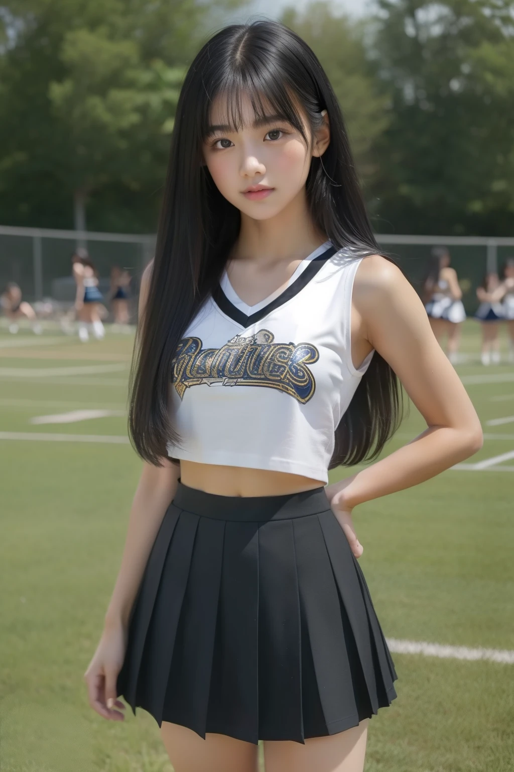 young,Cheerleader,Pleated skirt,Teenage Girls,Delicate body, body,Delicate body,,Small breasts,Black-haired,Very long hair、Six-pack