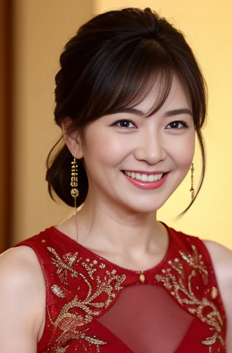 Masseter Film, highest quality, masterpiece, High resolution, realism, Original photo, 8k wallpaper, perfection, Professional Lighting, Very detailed, Written boundary depth, ((Beautiful woman in a sexy red Chinese dress)), ((Sexy 40 year old women)),,  ((smile)), Detailed face, Beautiful Eyes,, bangs, She has big breasts and a nice figure, (sexy look), Bun Hair, (Thick lips), Long legs,I can see your chest,Shoot from the front