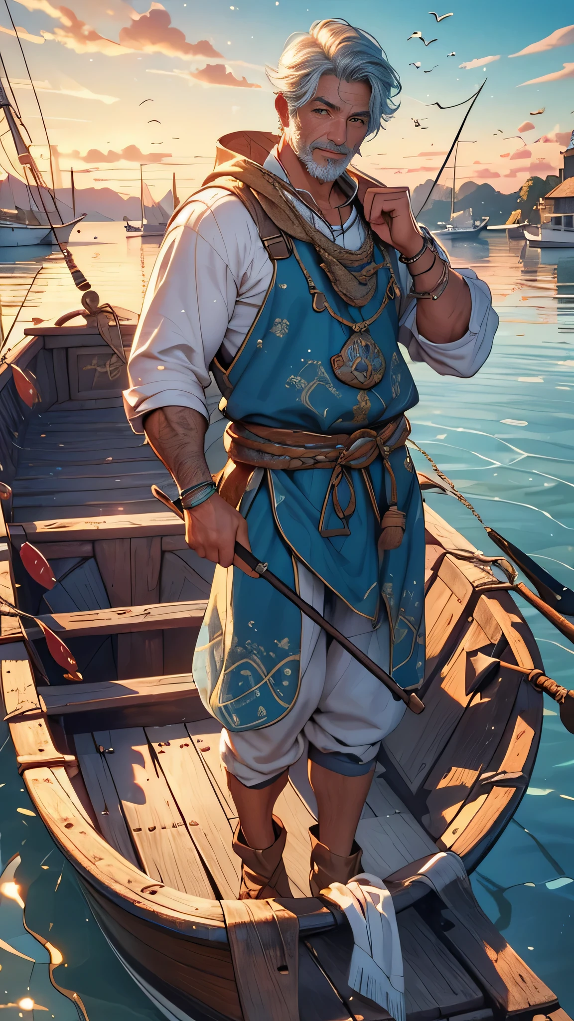 (best quality,4k,8k,highres,masterpiece:1.2),ultra-detailed,(realistic,photorealistic,photo-realistic:1.37),fisherman,cacth fish with their net,boat,medieval theme,beautiful detailed water ripples,old wooden fishing boat,serene river setting,medieval architecture,sunlight reflecting on the water,peaceful atmosphere,authentic period clothing,detailed facial expressions,strong and muscular fishermen,tangled fishing nets,huge variety of fish swimming,traditional fishing techniques,colorful fish scales,rich and vibrant colors,exquisite detail in boat construction,ancient fishing tools and equipment,clear blue sky,dappled sunlight,meticulously hand-painted fishing scene,subtle textures in the water surface,gorgeous sunset fading into twilight