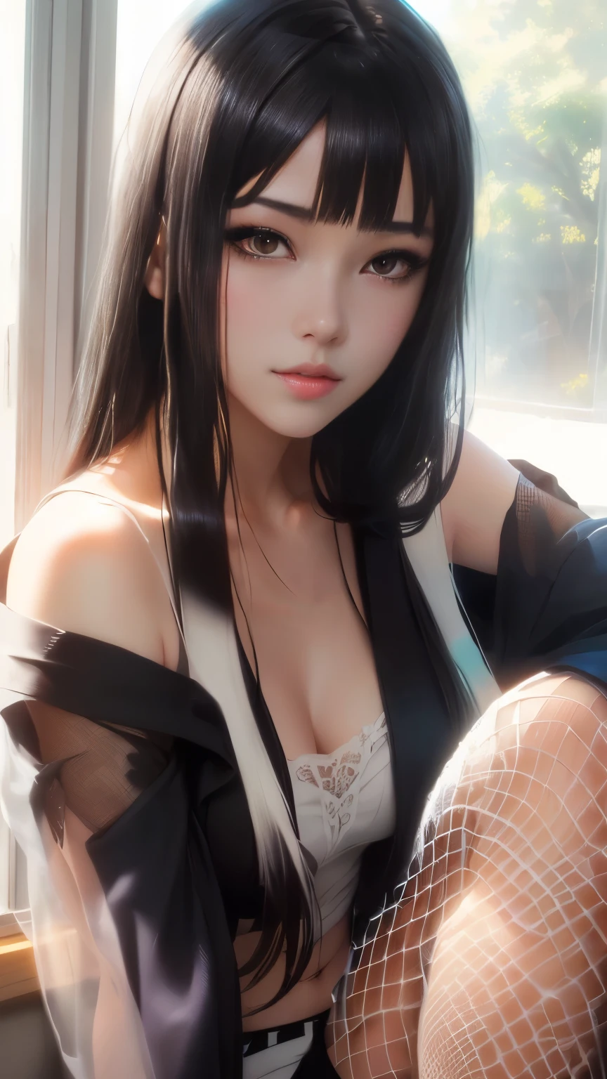 Black-haired fishnet stockings anime girl sitting on the windowsill, Beautiful and charming anime woman in white transparent lace top, Beautiful anime woman, Attractive anime girl, Beautiful anime girl, Realistic anime 3D 风格, Charming anime girl, Artwork in the style of Guweiz, Realistic anime, Realistic anime art style, Long hair and sharp eyes, Smooth anime CG art, Anime realism style