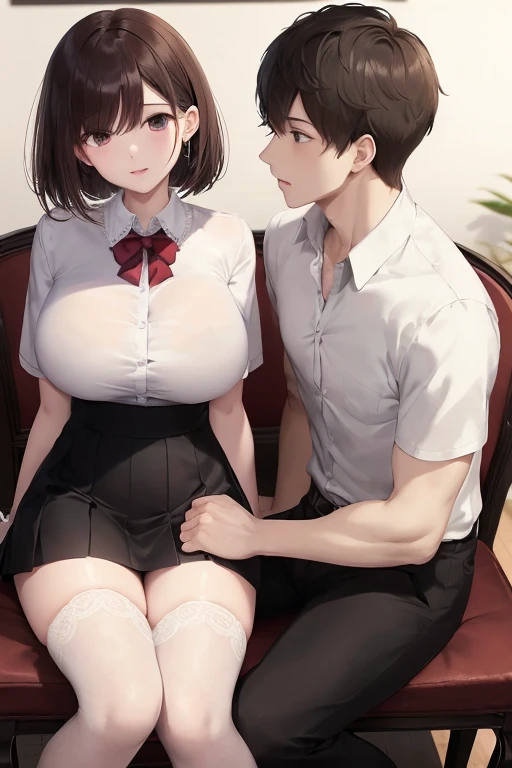 top-quality masterpiece Male and female couples Girl sitting on a chair wearing a tight skirt over a blouse with big breasts。Boy kissing her。Boy in high school long pants uniform with mash cut hairstyle。Without glasses、Revenge relationship
