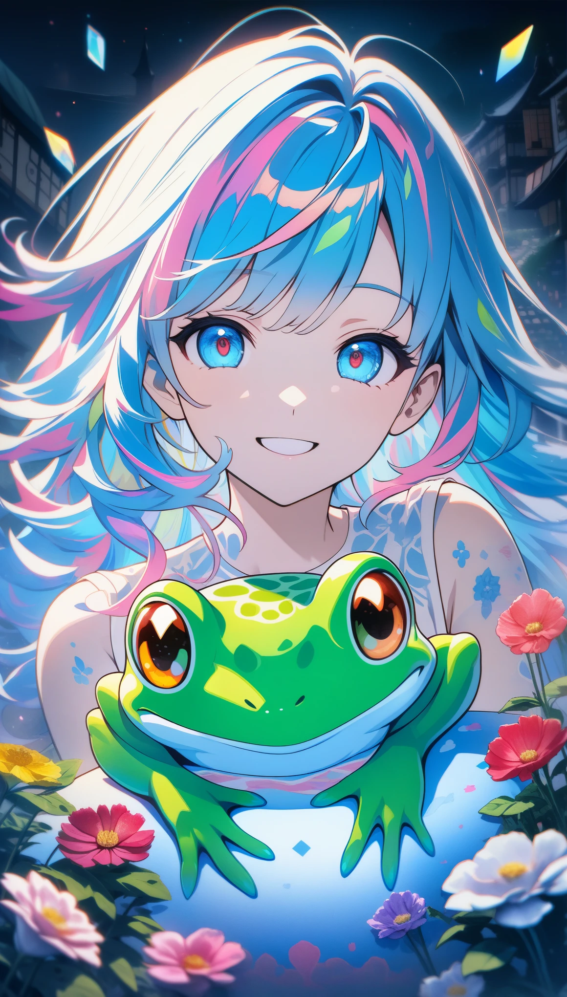 32k, best quality, ultra high res, HDR, UHD, extremely detailed CG, unity 32k wallpaper, **Japanese anime, A picture that looks like it was drawn with Copics,crystal style, crystal clear, woman with frog, under the blue moon, it was meticulously written, picture with elaborate writing, cute woman over smile,Flower, bold and strong line drawing, vivid acrylic painting, vivid thick paint, vivid, plain background, beautiful proof, highest resolution 16K, beautiful anime woman that is betrayeded by a frog, hair is short, Beautiful lightcyan high lights in her beautiful kind eyes, background is twinkle,Beautiful woman with a loose airy bright colorful hair with diamond high lights,Transparent dress, ,thick aquarelle colors,colorful,honeydew and diamond, lightcyan and white and light Effects,wallpaper,architecture,High quality, high image quality, great amount of drawing,pixiv illustration, transparency, Japanese anime,upper body,white tone, delicate brushwork,distinct color, Smile without showing your teeth,
