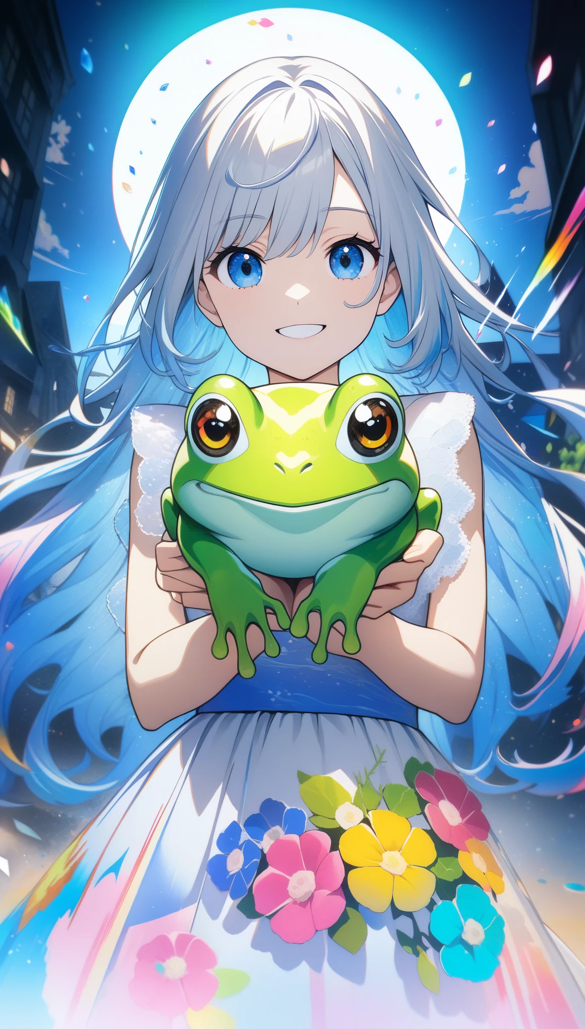 32k, best quality, ultra high res, HDR, UHD, extremely detailed CG, unity 32k wallpaper, **Japanese anime, A picture that looks like it was drawn with Copics,crystal style, crystal clear, woman with frog, under the blue moon, it was meticulously written, picture with elaborate writing, cute woman over smile,Flower, bold and strong line drawing, vivid acrylic painting, vivid thick paint, vivid, plain background, beautiful proof, highest resolution 16K, beautiful anime woman that is betrayeded by a frog, hair is short,  Beautiful lightcyan high lights in her beautiful kind eyes, background is twinkle,Beautiful woman with a loose airy bright colorful hair with diamond high lights,Transparent dress, ,thick aquarelle colors,colorful,honeydew and diamond, lightcyan and white and light Effects,wallpaper,architecture,High quality, high image quality, great amount of drawing,pixiv illustration, transparency, Japanese anime,upper body,white tone, delicate brushwork,distinct color, Smile without showing your teeth,