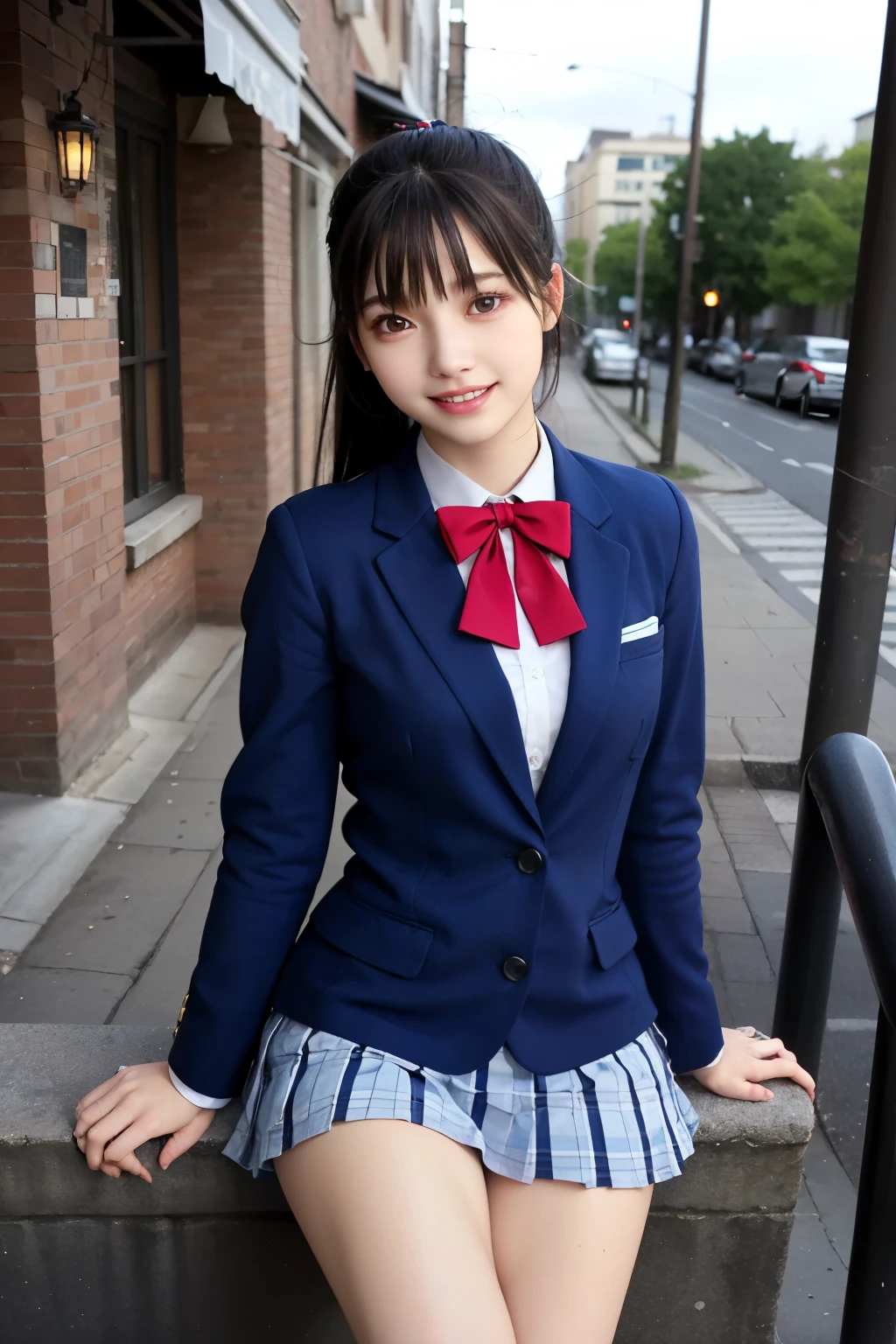 (masterpiece:1.2), Japanese, (18 years old), (((a girl))), (school blazer uniform), collared shirt, outdoor, plump, sunshine, 