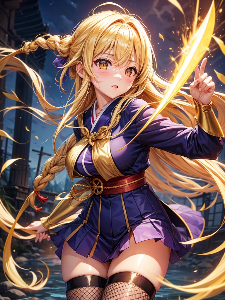 (highest quality)), ((masterpiece)), (Familiar), Perfect Face,Shiny skin,Beautiful breasts,how,Shiny skin、Kyoto Animation style painting、Golden Hair、Golden Eyes、Sunburned skin、night、Holding a Japanese sword、ruins、Combat Stance、Fishnet tights、Braided Hair、spats、inner、Kunoichi clothes、Purple clothes、Wearing a golden aura、Golden Mist、shock wave