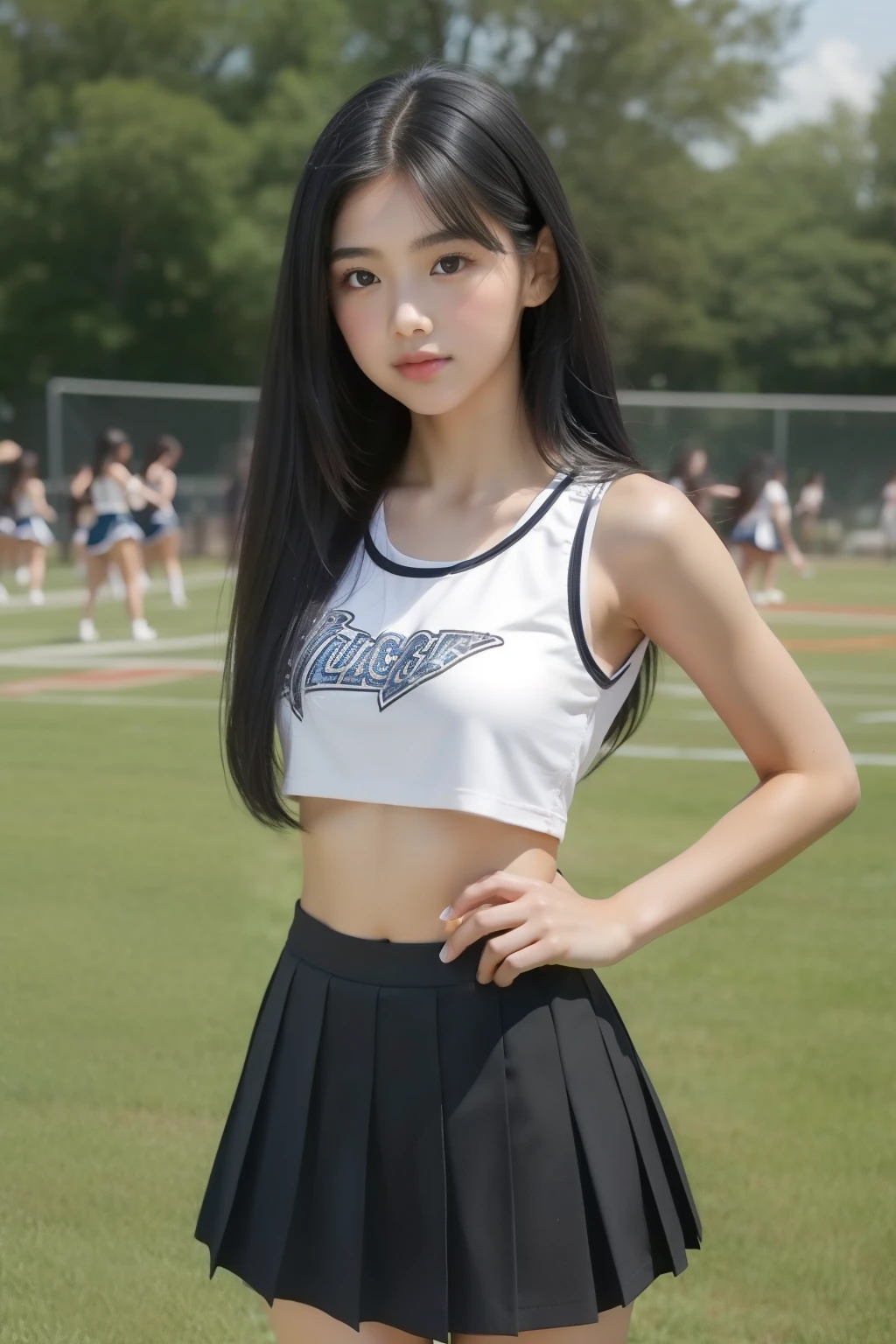 young,Cheerleader,Pleated skirt,age Girls,Delicate body, body,Delicate body,,Small breasts,Black-haired,Very long hair、Six-pack