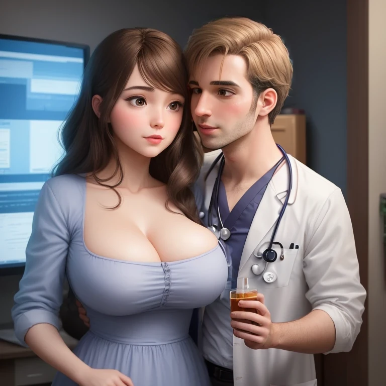 a male doctor playing with a girl with big breasts that looks fake, the man is kissing her, and is staring emotionless ahead, man is cute and pretty, girl is a doll