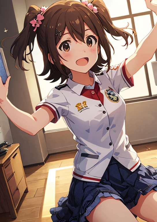 Mirai Kasuga, (highest quality, 8k, masterpiece, Very detailed:1.2), (Lens flare, Particles of light, Shine), Big Breasts, smile, Open your mouth, masterpiece, highest quality, Very detailed, High resolution, Very detailedなCG, (Official Art), Gymnastics,(Spread your legs), (Embarrassing:1.1), (blush:1.2), Open your mouth, (shout:1.1), (Moving lines:1.1), School classroom