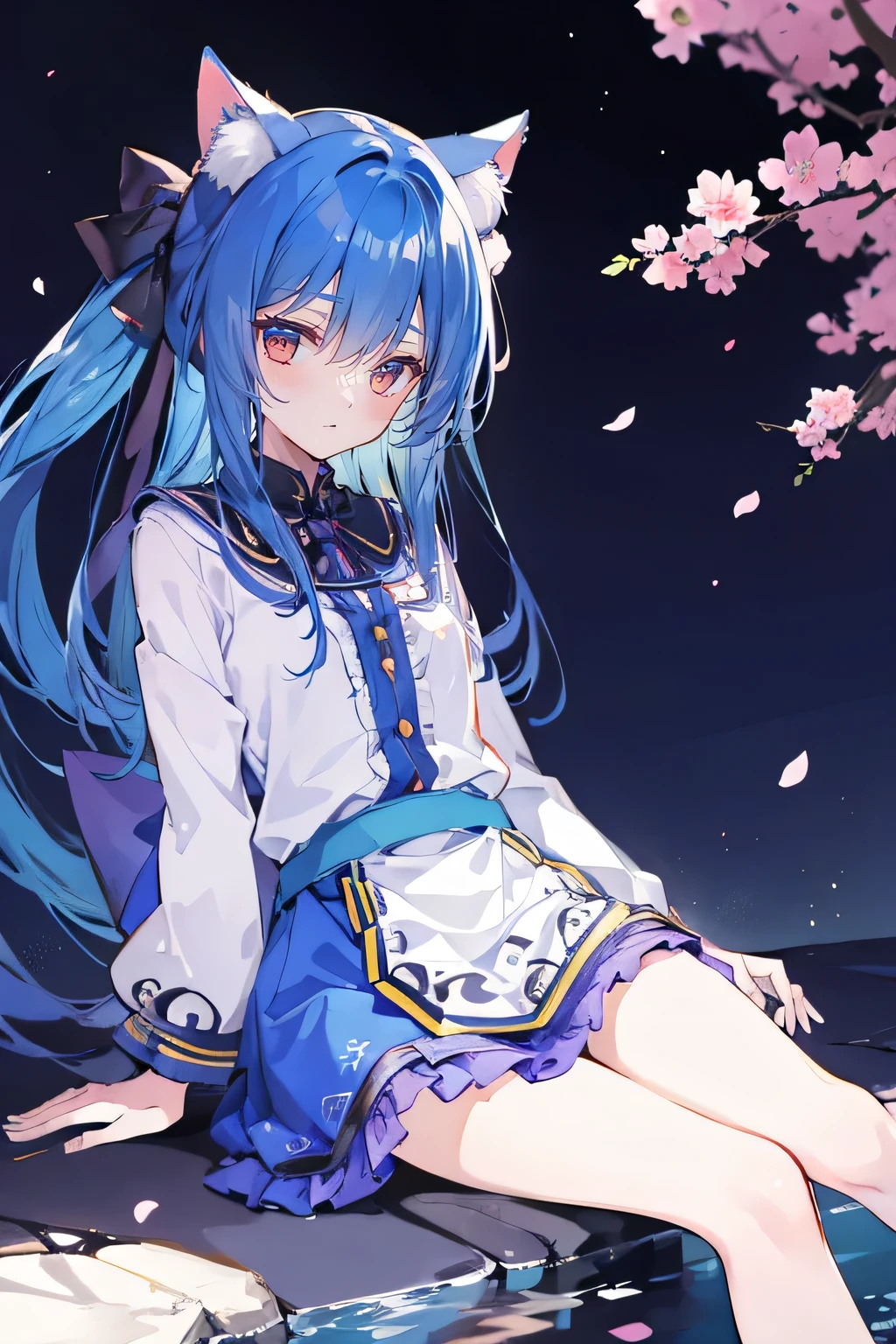 (masterpiece:1.2),ultra-detailed,realistic,expressive eyes,fair-skinned,perfectly shaped face,1girl,
Japanese cartoons,Gorgeous blue hair, flowing blue hair,floating clothes,cat ears,petals falling,beautiful Lola,Hina Angel,
hands on waist,gracefully sitting on the ground,legs crossed,gentle and serene background,cool and comfortable pavilion,night ,smile.