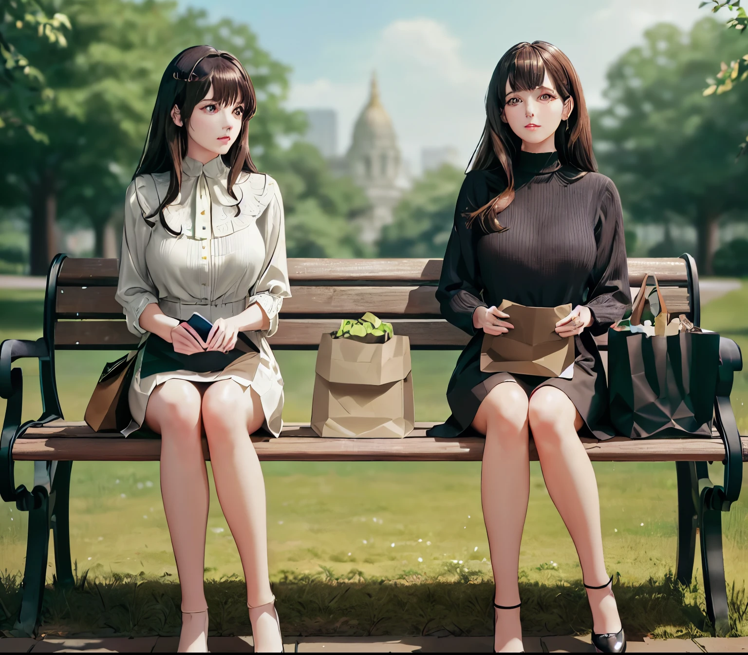 2lady, Sit on it (Bench end), (Office staff outfit) fashionable, Mature female, /(Brown hair/) Bangs, (Looking at the phone), (Masterpiece Best Quality:1.2) Exquisite illustrations with rich details, large breasts rest /(Black Hair/) Bangs, (Staring into the distance) rest ((Simple paper bag:1.2) Sitting in the middle of the bench) rest (Ordinary city park) outdoor, (green landscape), noon, Detailed background