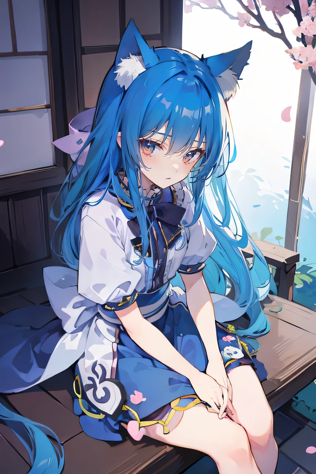 (masterpiece:1.2),ultra-detailed,realistic,expressive eyes,fair-skinned,perfectly shaped face,1girl,
Japanese cartoons,Gorgeous blue hair, flowing blue hair,floating clothes,cat ears,petals falling,beautiful Lola,Hina Angel,
hands on waist,gracefully sitting on the ground,legs crossed,gentle and serene background,cool and comfortable pavilion,night ,smile.