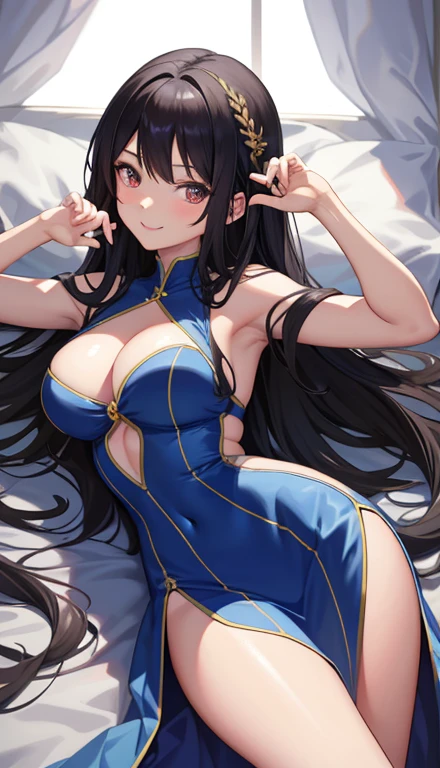 ,seductive Anime Girls, beautiful alluring Anime Women, Beautiful and attractive anime , beautiful Anime Women, attractive Anime Girls, beautiful Anime Girls, Smooth anime CG art, (Anime Girls), Long Hair, Anime Girls, Anime Women, Highly detailed art gems、After bath、Lying on your back、Lying down、Elevate your legs、Lightweight lace sleeveless、Sheer miniskirt、Perfect clothing for the skin、Thighs、Large Breasts、Ample breasts、Cleavage、just out of the bath、Embarrassed、smile、bed