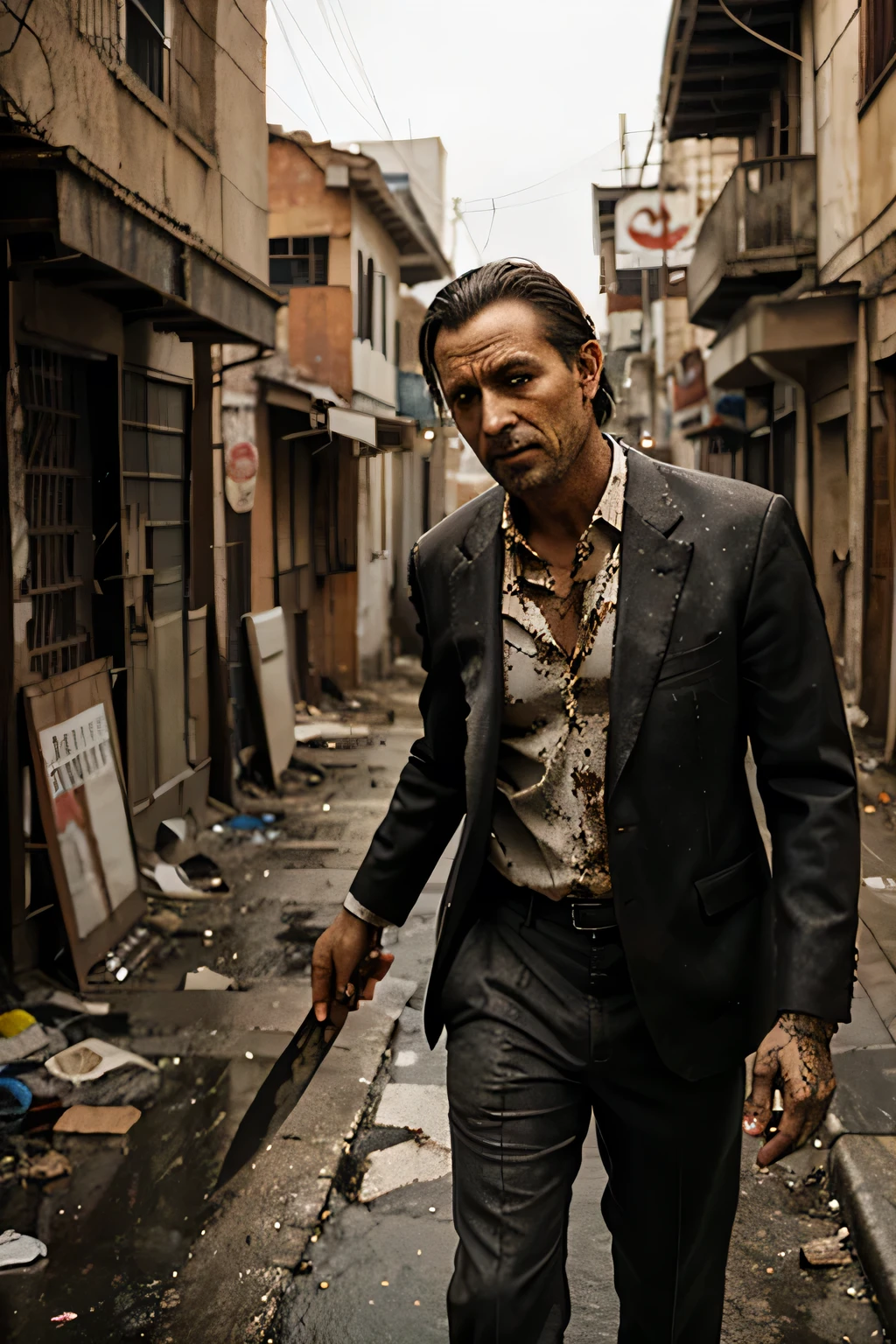 Dirty and dilapidated streets,A man in a suit,Holding a machete