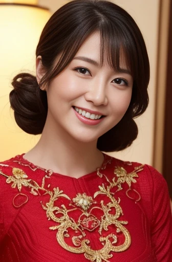 Masseter Film, highest quality, masterpiece, High resolution, realism, Original photo, 8k wallpaper, perfection, Professional Lighting, Very detailed, Written boundary depth, ((Beautiful woman in a sexy red Chinese dress)), ((Sexy 40 year old women)),,  ((smile)), Detailed face, Beautiful Eyes,, bangs, She has big breasts and a nice figure, (sexy look), Hair Bun, (Thick lips), Long legs,I can see your big breasts,Looking at the viewer from the front