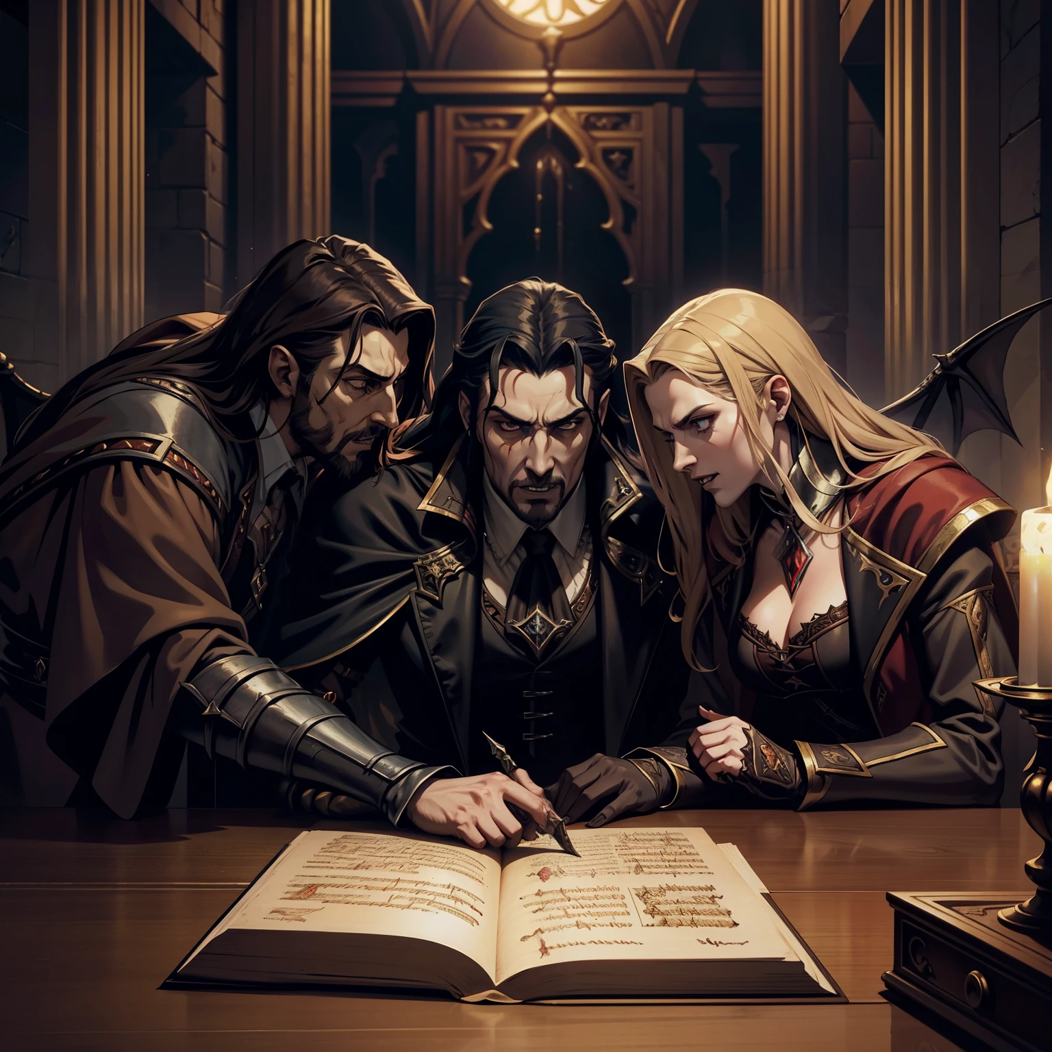 Castlevania Shadow Lord hiperrealista, super detailed, Dynamic Shot, centerpiece of Lord Dracula discussing ancient manuscripts with hyper-realistic scholarly demons, grandes escenas