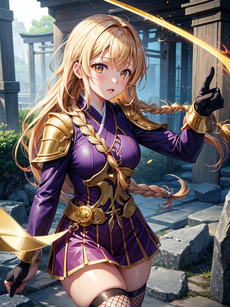 (highest quality)), ((masterpiece)), (Familiar), Perfect Face,Shiny skin,Beautiful breasts,how,Shiny skin、Kyoto Animation style painting、Golden Hair、Golden Eyes、Sunburned skin、night、Holding a Japanese sword、ruins、Combat Stance、Fishnet tights、Braided Hair、spats、inner、Kunoichi clothes、Purple clothes、Wearing a golden aura、Golden Mist、shock wave