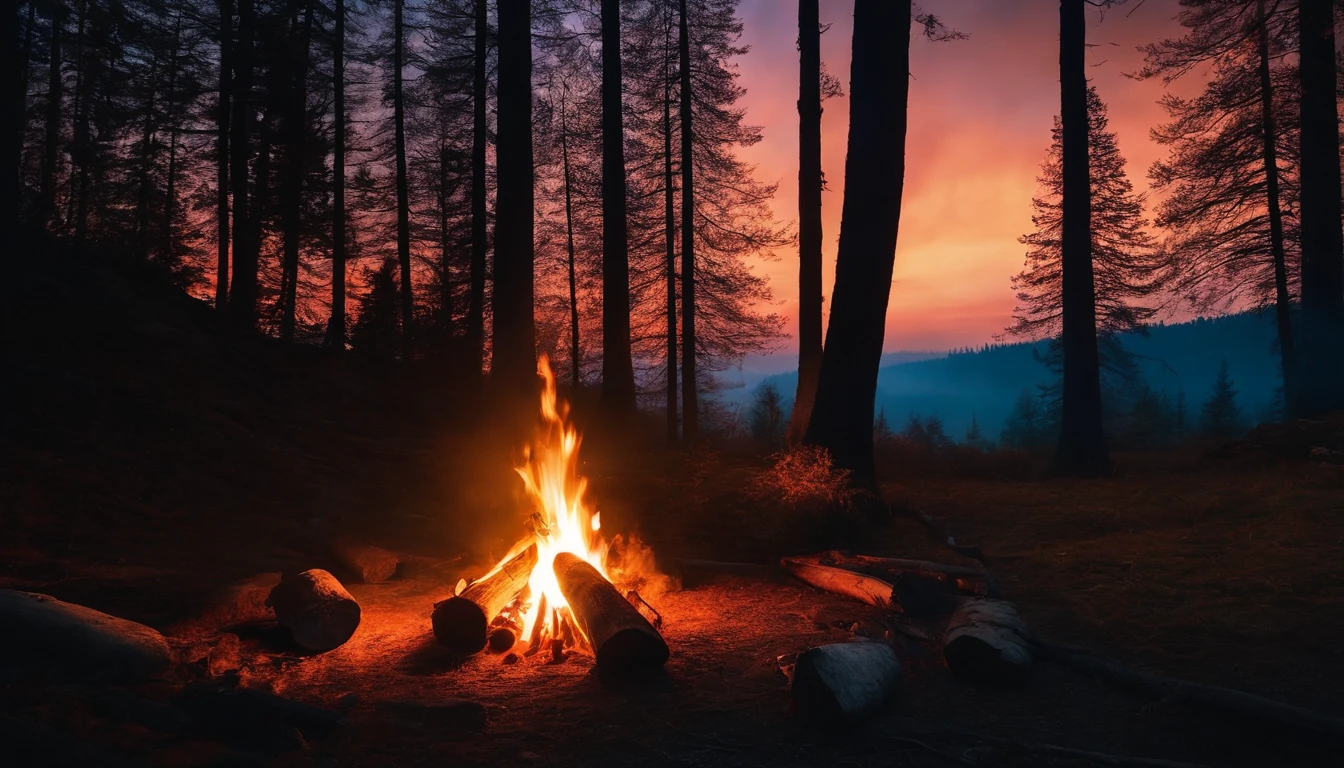 campfire in forest, no people