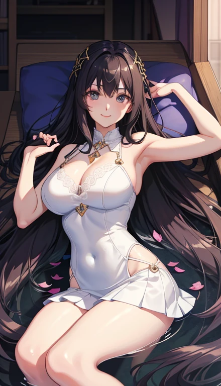 ,seductive Anime Girls, beautiful alluring Anime Women, Beautiful and attractive anime , beautiful Anime Women, attractive Anime Girls, beautiful Anime Girls, Smooth anime CG art, (Anime Girls), Long Hair, Anime Girls, Anime Women, Highly detailed art gems、After bath、Lying on your back、Lying down、Elevate your legs、Lightweight lace sleeveless、Sheer miniskirt、Perfect clothing for the skin、Thighs、Large Breasts、Ample breasts、Deep cleavage、just out of the bath、Embarrassed、smile、bed、Black Hair、はだけたThighs
