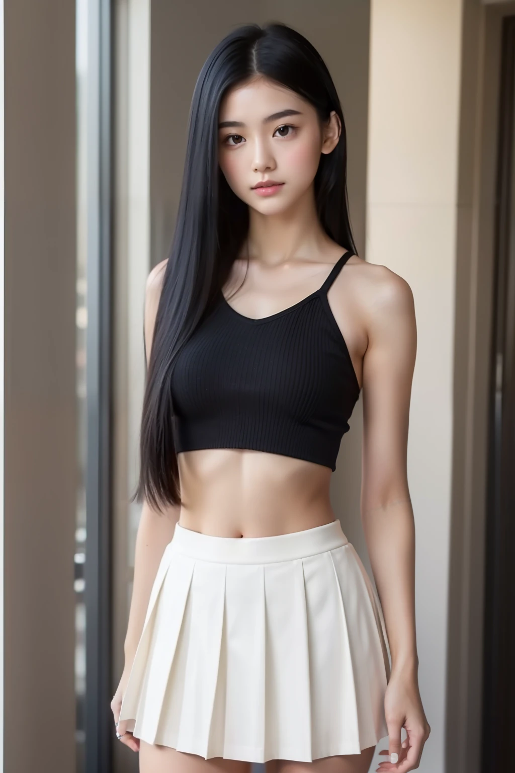 young,Cheerleader,Pleated skirt,age Girls,Delicate body, body,Delicate body,,Small breasts,Black-haired,Very long hair、Six-pack