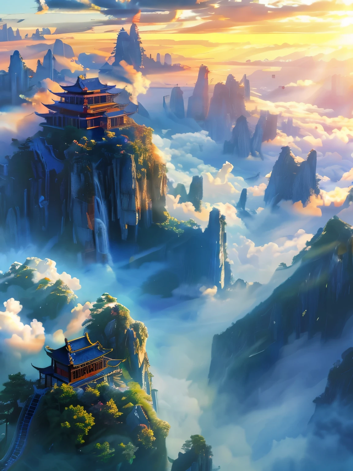 Best quality,masterpiece,ultra high res,(photorealistic:1.4),4k,finely detailed, scenery, outdoors, no humans, cloud, mountain, day, sky, architecture, waterfall, fantasy, tree, blue sky, landscape, bird, east asian architecture, above clouds, sunlight, building, water, floating islandxianshan,