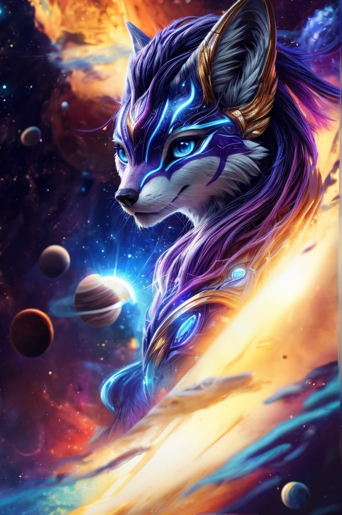 [F="solo, female, slim, cute, dark blue fur, long hairs, holding sun,gold detailes, anthro fox, fluffy, (aurelion_sol's colors, sky blue eyes, female anthro fox, anthro's fox, "]. A f in space with planet n the background, floating in space, deep space, space dust, black star, bright white star, a lot of stars, glalaxy, lol art style, superb linework, masterpiece, breathtaking, trending on artstation, highly detailed, fine quality, better illustration, digital artwork, photorealistic, by pixelsketcher, by hioshiru, close-up accuracy