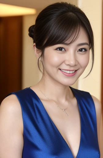 Masseter Film, highest quality, masterpiece, High resolution, realism, Original photo, 8k wallpaper, perfection, Professional Lighting, Very detailed, Written boundary depth, ((Beautiful woman in a sexy blue Chinese dress)), ((Sexy 40 year old women)),, ((smile)), Detailed face, Beautiful Eyes,, bangs, She has big breasts and a nice figure, (sexy look), Hair Bun, (Thick lips), Long legs,I can see your big breasts,View from the front