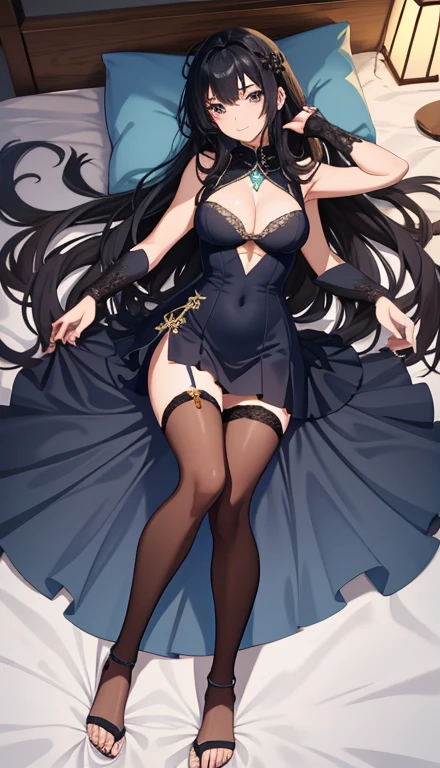 ,seductive Anime Girls, beautiful alluring Anime Women, Beautiful and attractive anime , beautiful Anime Women, attractive Anime Girls, beautiful Anime Girls, Smooth anime CG art, (Anime Girls), Long Hair, Anime Girls, Anime Women, Highly detailed art gems、After bath、Lying on your back、Lying down、Elevate your legs、Lightweight lace sleeveless、Sheer miniskirt、Perfect clothing for the skin、Thighs、Large Breasts、Ample breasts、Deep cleavage、just out of the bath、Embarrassed、smile、bed、Black Hair、はだけたThighs、Sandals