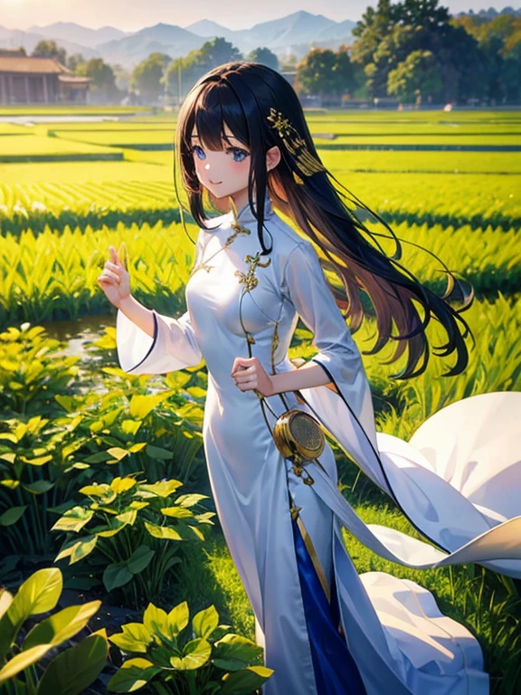 quality\(8k,wallpaper of extremely detailed CG unit, ​masterpiece,hight resolution,top-quality,top-quality real texture skin,hyper realisitic,increase the resolution,RAW photos,best qualtiy,highly detailed,the wallpaper,cinematic lighting,ray trace,golden ratio\), BREAK ,solo,1girl\(cute,kawaii,small kid,smile,hair floating,hair color dark blue,long hair,eye color dark blue,big eyes,white ao dai,breast,standing,vietnamese hat,dynamic angle,long shot\,full body), BREAK ,background\(outside,rice field\(vietnam\),at vietnam local village\),[nsfw:2.0],long shot,(when generating hand generate anatomically correct hand)