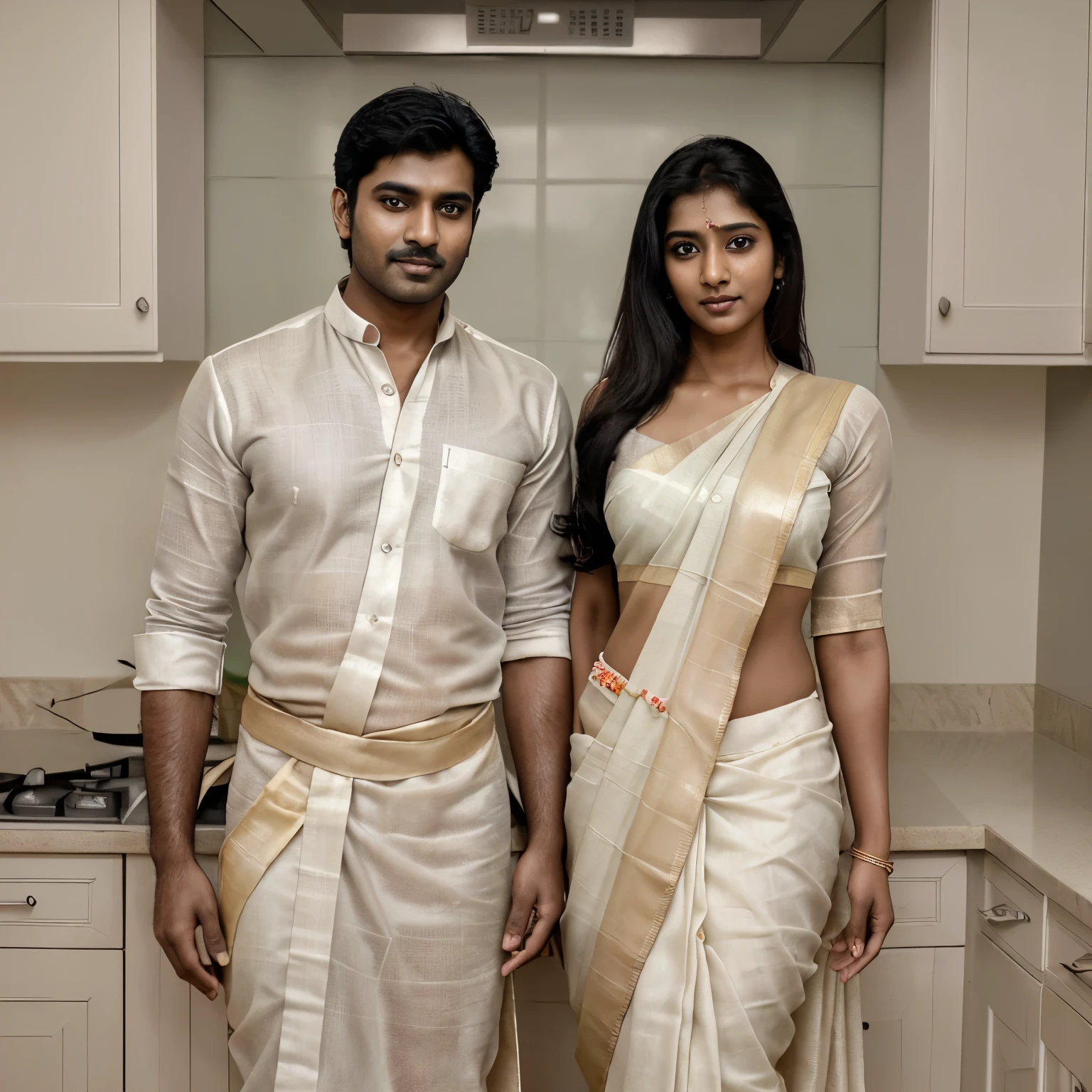 a Beautiful Indian couple of handsome men in white vesti and shirt like tamilnadu guy and beautiful women wearing saree in tamilnadu style, romantic pose, in kitchen, cooking together, soothing tones, muted colors, high contrast, (natural skin texture, hyperrealism, soft light, sharp, full body), Beautiful background,simple background,