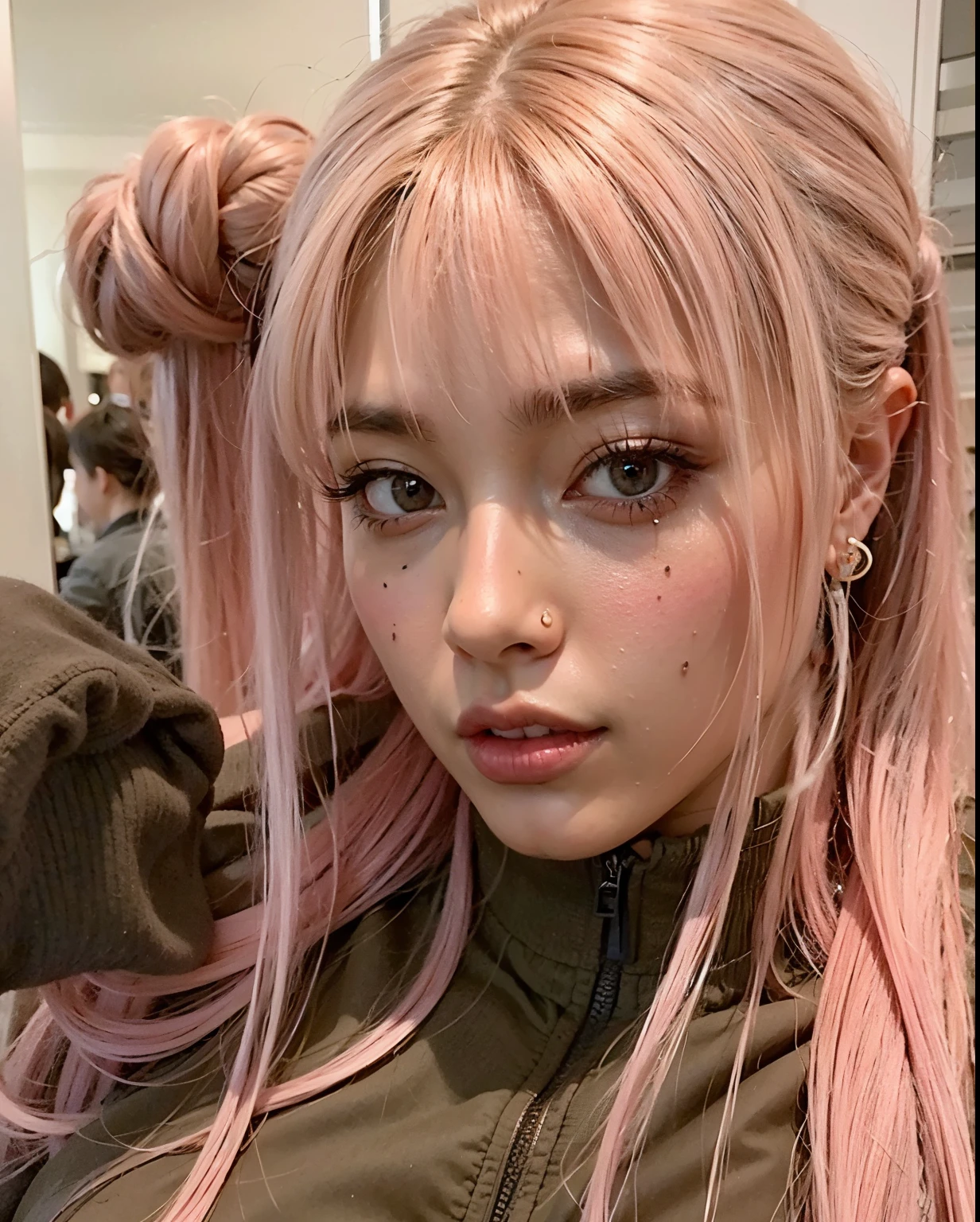 gyaru, dark-skinned, wearing pink tracksuits, in night ruins