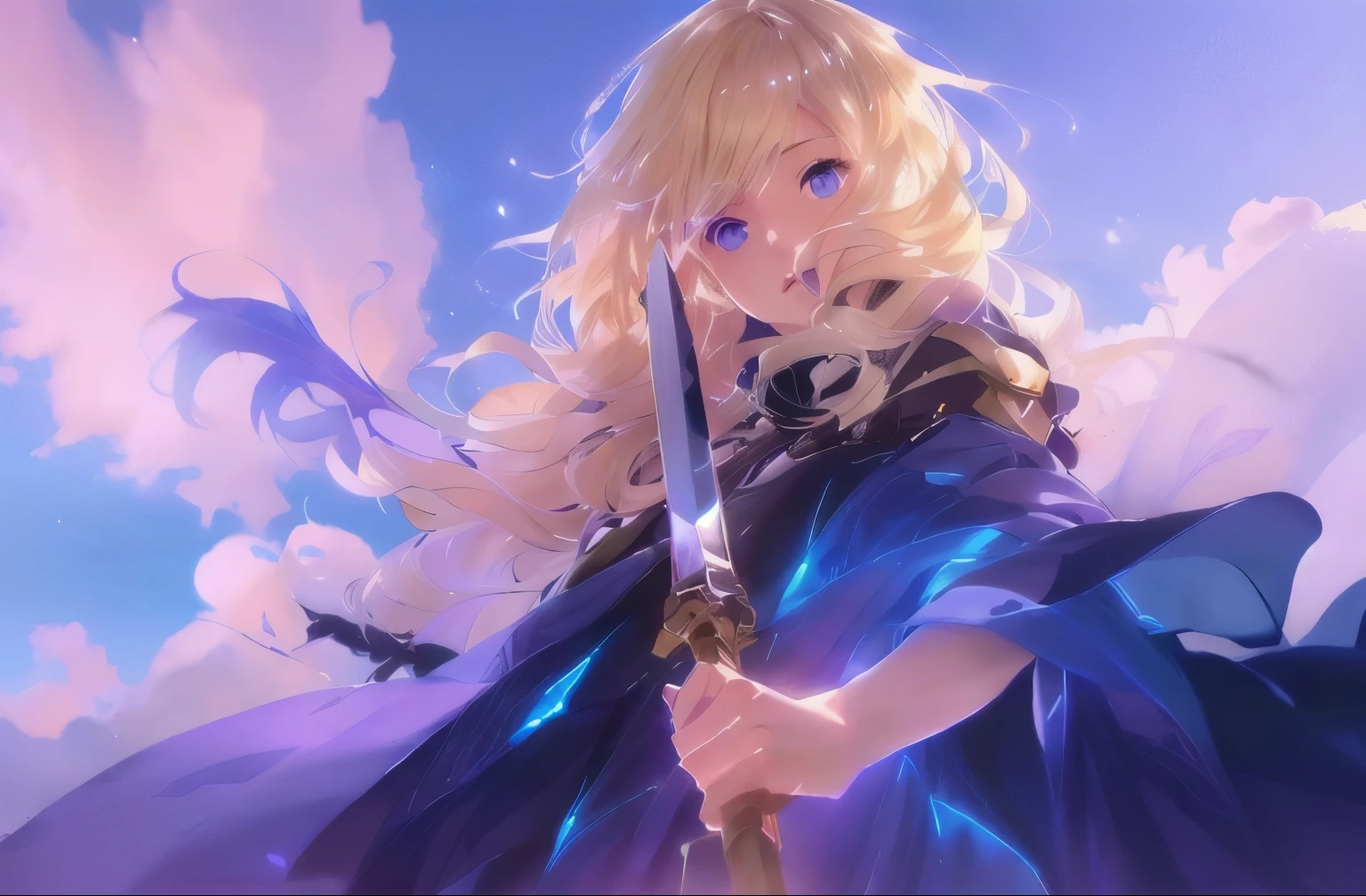 Sword in hand、Blue eyed anime girl standing in front of a cloud, She has a sword, Beautiful and detailed anime art, anime art wallpaper 8k, Detailed Key Anime Art, detailed Digital anime art, Anime Style 4k, Digital anime art, Violet Evergarden, High quality anime art style, blonde anime girl with long hair, Anime illustration