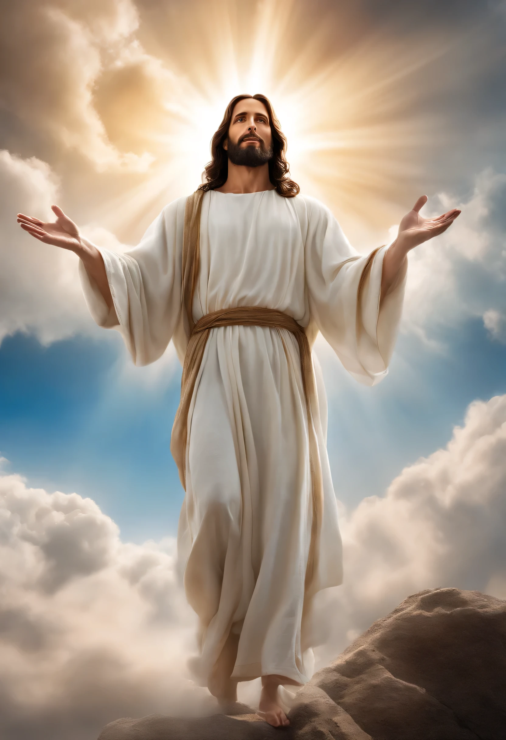 Realistic CG style：Jesus Descends from Heaven，The lens is shot back，25mm focal length，Background of blue sky and white clouds with faint light surrounding Jesus，Jesus looks down，Bright picture

