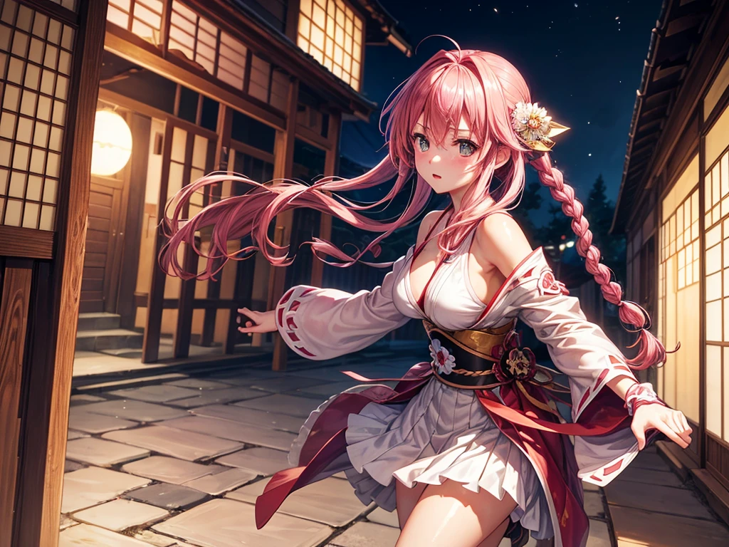 (highest quality)), ((masterpiece)), (Familiar), Perfect Face,Shiny skin,Beautiful breasts,how,Shiny skin、Kyoto Animation style painting、、Dark pink hair、Sunburned skin、Braided Hair、night、bike、Holding a Japanese sword、ruins、Combat Stance、Miko costume、