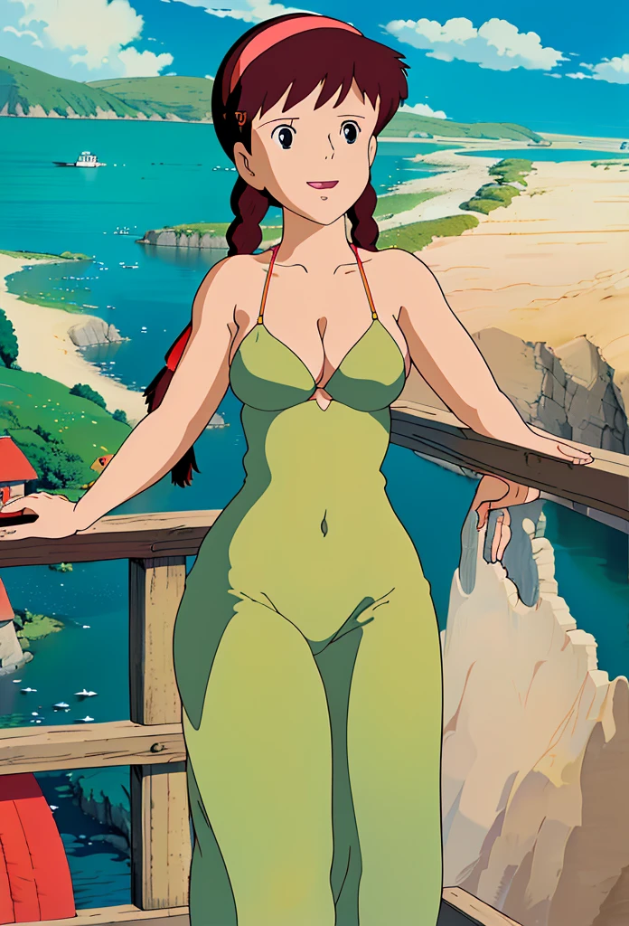 (masterpiece, 4K, highest quality, anime style: 1.9, Detailed face, Lovely, Ocean,Bold Line, High resolution, anime, Lake 4. alone, Curvaceous, Thighs, Cleavage, Medium Chest, smile, Please open your mouth wide, Very slim belly, Cowboy Shot,Micro Bikini,1 girl、Theta,One Girl, Braiding