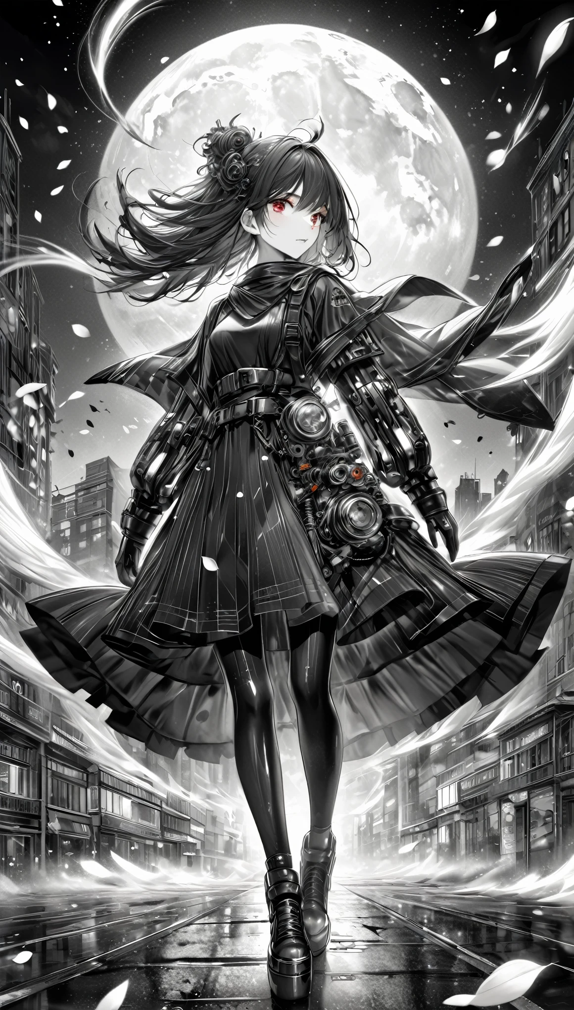 up-and-coming works of art, fusion of watercolor and oil painting, monochrome, no color, best quality, super fine, 16k, incredibly absurdres, extremely detailed, beautiful ephemeral girl stands in the city, wind, wind-effect, moonlit night view, (magnificent view:1.2), cybermetal, steammetal, dieselmetal, clockmetal, (only the falling petals are iridescent red)