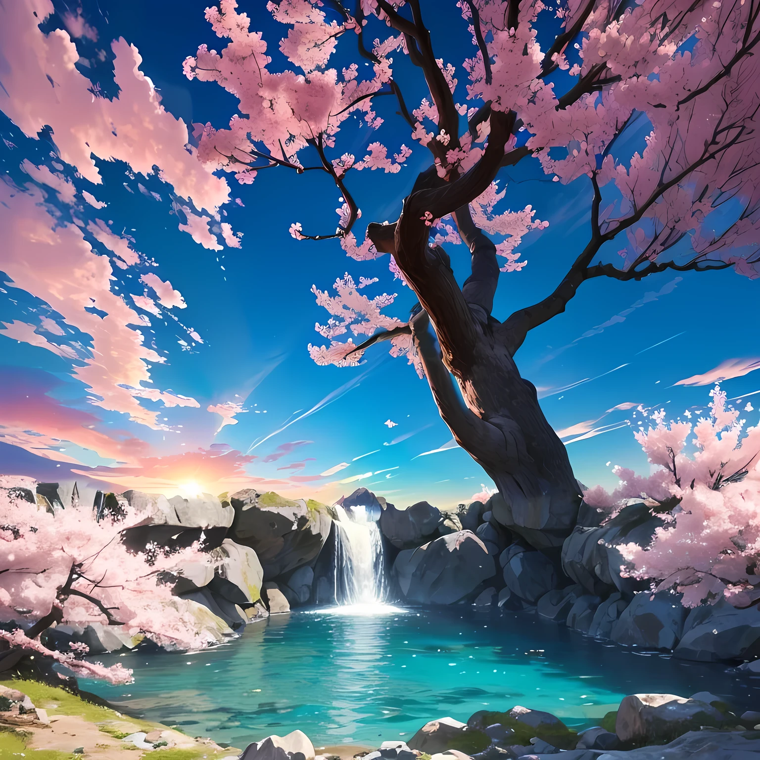 Sun rising on the left side of the screen, pink sakura tree on the right side, beautiful blue sky with some amazing clouds