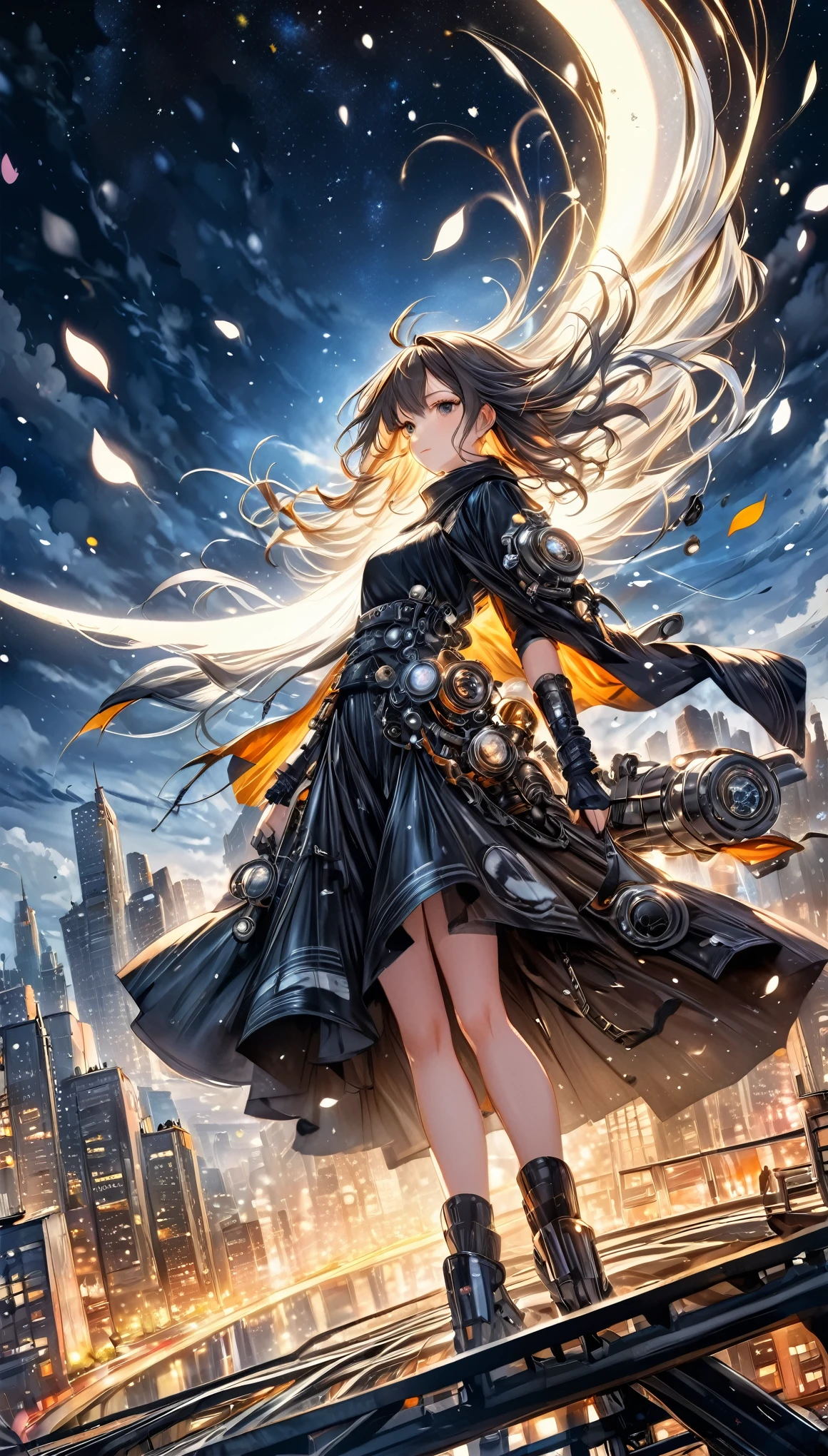 up-and-coming works of art, fusion of watercolor and oil painting, best quality, super fine, 16k, incredibly absurdres, extremely detailed, beautiful ephemeral girl stands in the city, wind, wind-effect, moonlit night view, (magnificent view:1.2), cybermetal, steammetal, dieselmetal, clockmetal, falling petals