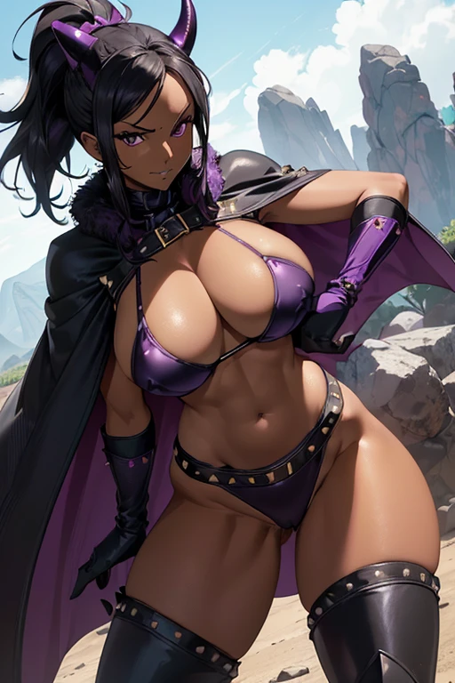 (masterpiece), best quality, expressive eyes, perfect face, Nico Robin at rocky desert, (rocky desert at night background), (standing), (smirk), (closeup view), (1girl, Nico Robin face, dark skin, tanned skin, tan, black hair, ponytail hairstyle, no bangs, brown eyes, hourglass figure, skinny body, large breasts, huge breasts, oppai, wide hips, thick thighs, ((dark purple bikini), BREAK, (black studded hip belt), (knee pad boots), (black devil horns), (dark purple gloves), (furry cape), (sholder pads)), 