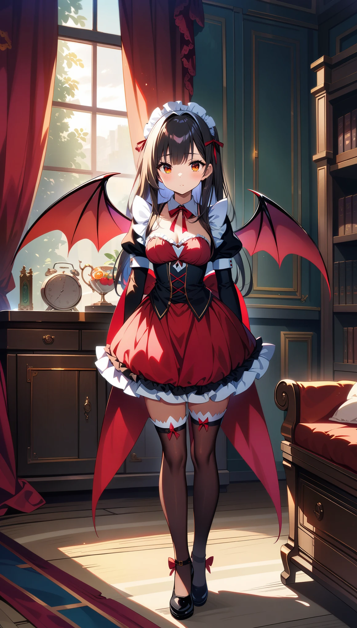 32k, best quality, ultra high res, HDR, UHD, extremely detailed CG, unity 32k wallpaper, bedroom background, ((cute succubus)), (maid), (1gal), 