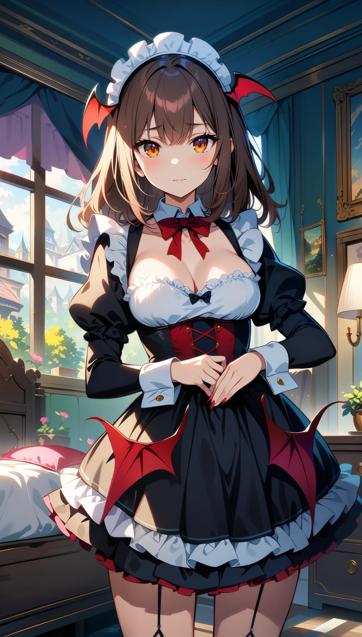 32k, best quality, ultra high res, HDR, UHD, extremely detailed CG, unity 32k wallpaper, bedroom background, ((cute succubus)), (maid), (1gal),