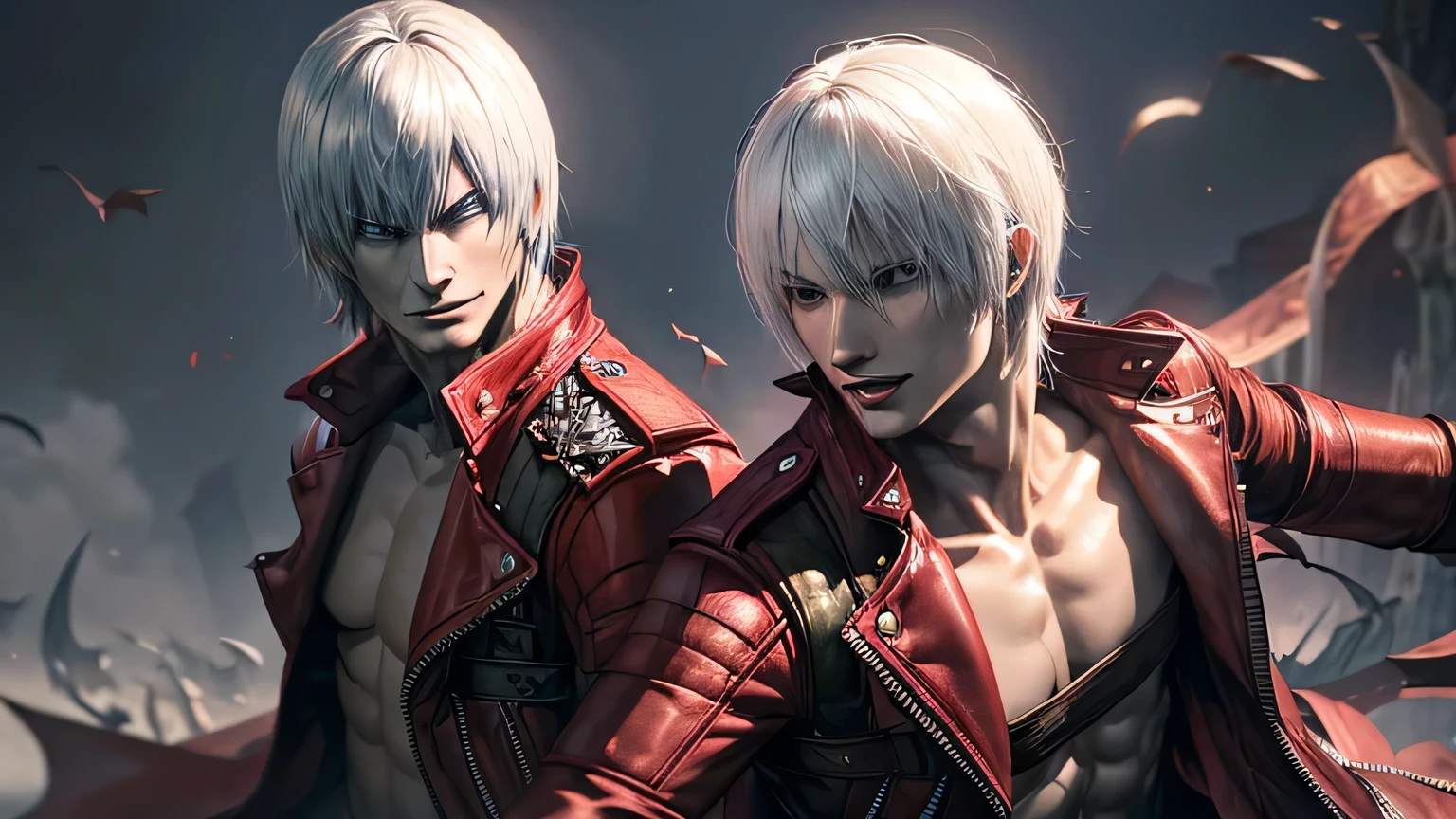 (masterpiece, best quality, 1 man), (Dante), japanese style background, black paint background, red splash background, fighting pose, (Dante),(Devil May Cry 3: Dante's Awakening), Dante, (Dante) ,short hair ,white hair ,open clothes ,coat ,fingerless gloves , belt, half body illustration, fight doppelganger, (insanely detailed, beautiful detailed face, masterpiece, best quality)