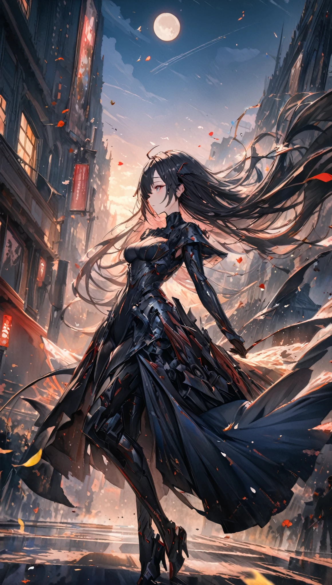 up-and-coming works of art, fusion of watercolor and oil painting, best quality, super fine, 16k, incredibly absurdres, extremely detailed, beautiful ephemeral girl stands in the city, wind, wind-effect, moonlit night view, (magnificent view:1.2), cybermetal, steammetal, dieselmetal, clockmetal, falling petals