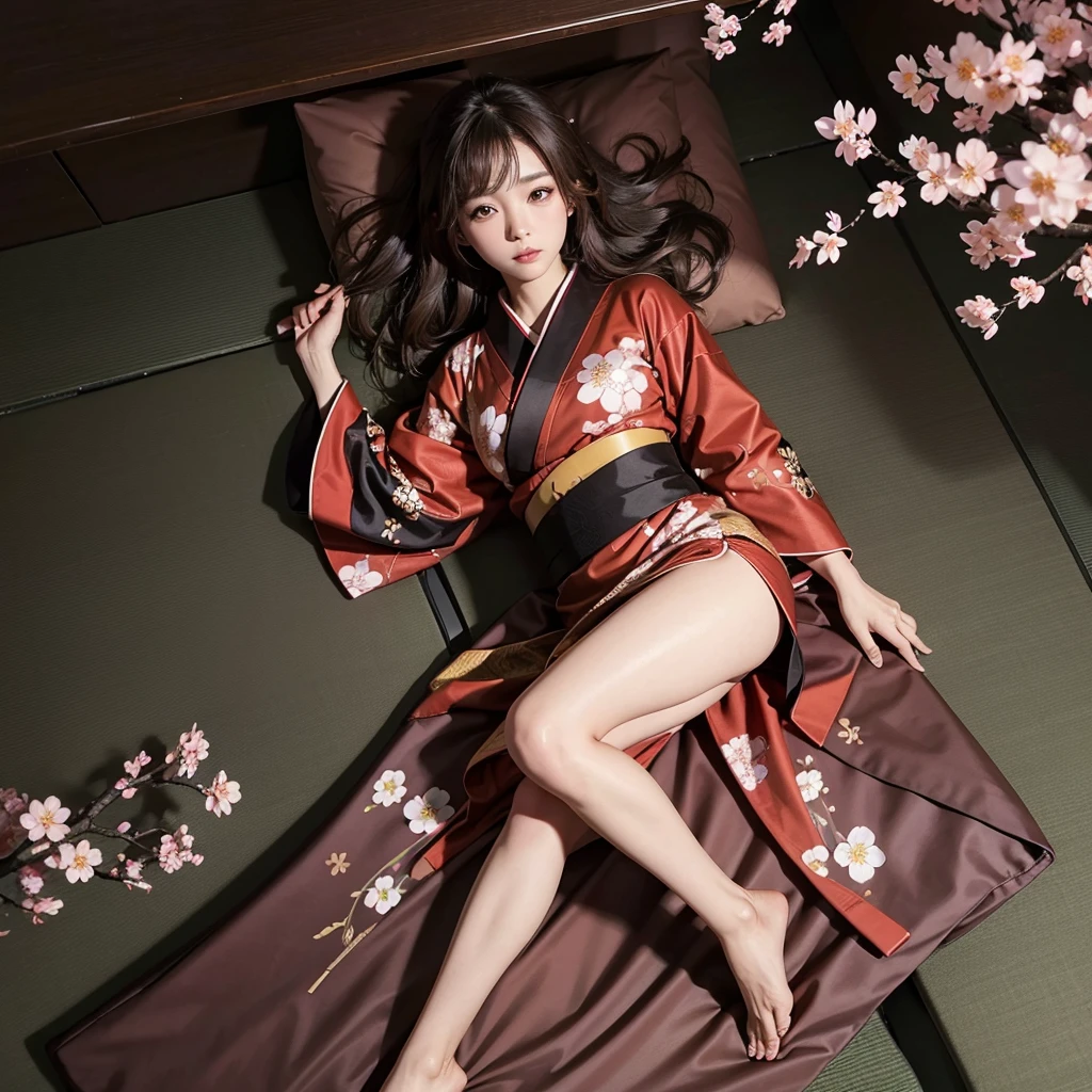 japanese girl, light brown eyes, ultra realistic, red gold and black traditional kimono, full body, laying down, top view, showing legs bed of cherry blossoms