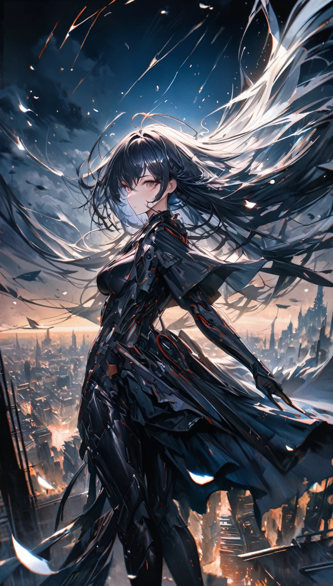 up-and-coming works of art, fusion of watercolor and oil painting, best quality, super fine, 16k, incredibly absurdres, extremely detailed, beautiful ephemeral girl stands in the city, wind, wind-effect, moonlit night view, (magnificent view:1.2), cybermetal, steammetal, dieselmetal, clockmetal, falling petals