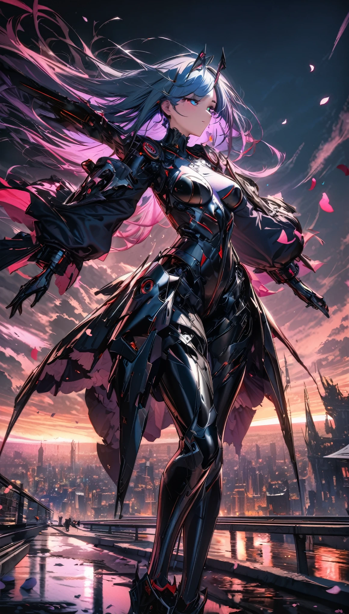 up-and-coming works of art, best quality, super fine, 16k, incredibly absurdres, extremely detailed, beautiful ephemeral girl stands in the city, wind, wind-effect, moonlit night view, (magnificent view:1.2), cybermetal, steammetal, dieselmetal, clockmetal, falling petals