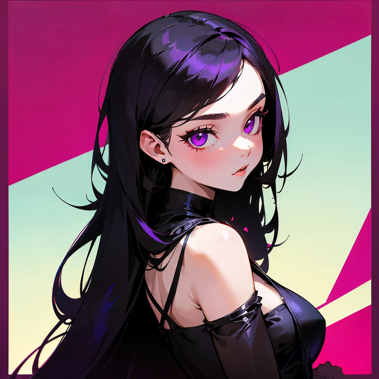 She is a beautiful, short, and well-defined young woman in her early twenties. She has magenta-colored eyes and long black hair that is spikey on top yet silky down her back.