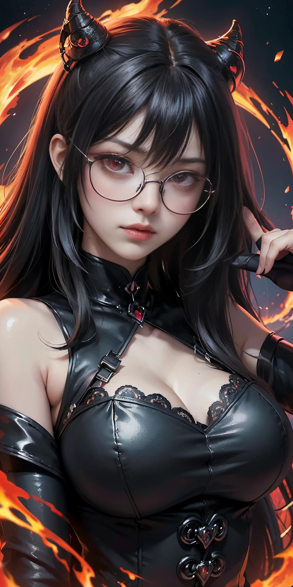 Fine、(The best illustrations)、8k UHD resolution、intricate-detail、top-quality、realisitic、ultra-detailliert、The best lighting、Best Shadows、Soft lighting、Ulutra HD、Dungeon、The dragon、caves、Dungeon、 Evil Nun、A Necromancer、natta、Dark style、Succubus、Devil's Daughter、Umi Shinonome、Bat Wings，(((Demon Horns)))、((((black-rimmed round glasses))))、(((Colossal tits)))、(Devil's Tail)、(red eyes glowing:1.6)、​masterpiece、beautiful countenance、Tindall Effect、photos realistic、(High Detail Skins:1.2)、8KUHD、Digital SLR、hightquality、a picture、hight resolution、 absurderes、Ponytail distortion、best ratio four finger and one thumb、女の子1人、hair adornments、Red sparkling gemstone necklace、jewely、Beautiful expression、Body Up、Large breasts emphasis、Toned waist、Wide buttocks、Tindall Effect、Photorealsitic、(High Detail Skins:1.2)、