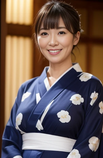 Masseter Film, highest quality, masterpiece, High resolution, realism, Original photo, 8k wallpaper, perfection, Professional Lighting, Very detailed, Written boundary depth, ((Beautiful woman in a sexy yukata)), ((Sexy 42 year old woman)),, ((smile)), Detailed face, Beautiful Eyes,, bangs, She has big breasts and a nice figure, (sexy look), Hair Bun, (Thick lips), Long legs,I can see your big breasts,View from the front