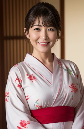 Masseter Film, highest quality, masterpiece, High resolution, realism, Original photo, 8k wallpaper, perfection, Professional Lighting, Very detailed, Written boundary depth, ((Beautiful woman in a sexy yukata)), ((Sexy 42 year old woman)),,  ((smile)), Detailed face, Beautiful Eyes,, bangs, She has big breasts and a nice figure, (sexy look), Hair Bun, (Thick lips), Long legs,I can see your big breasts,View from the front